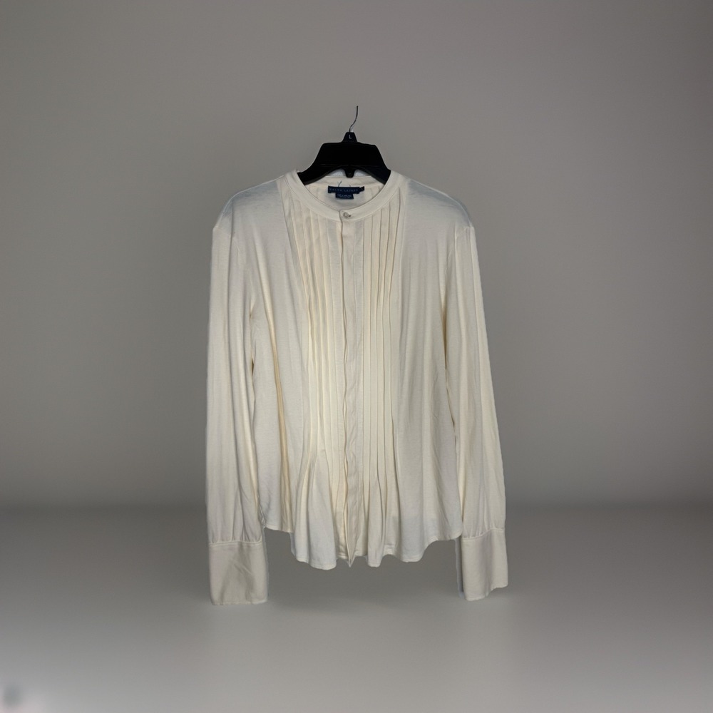 Vtg Ralph Lauren Women's Long Sleeve Cream Pleated Cotton Shirt Hong Kong Size L